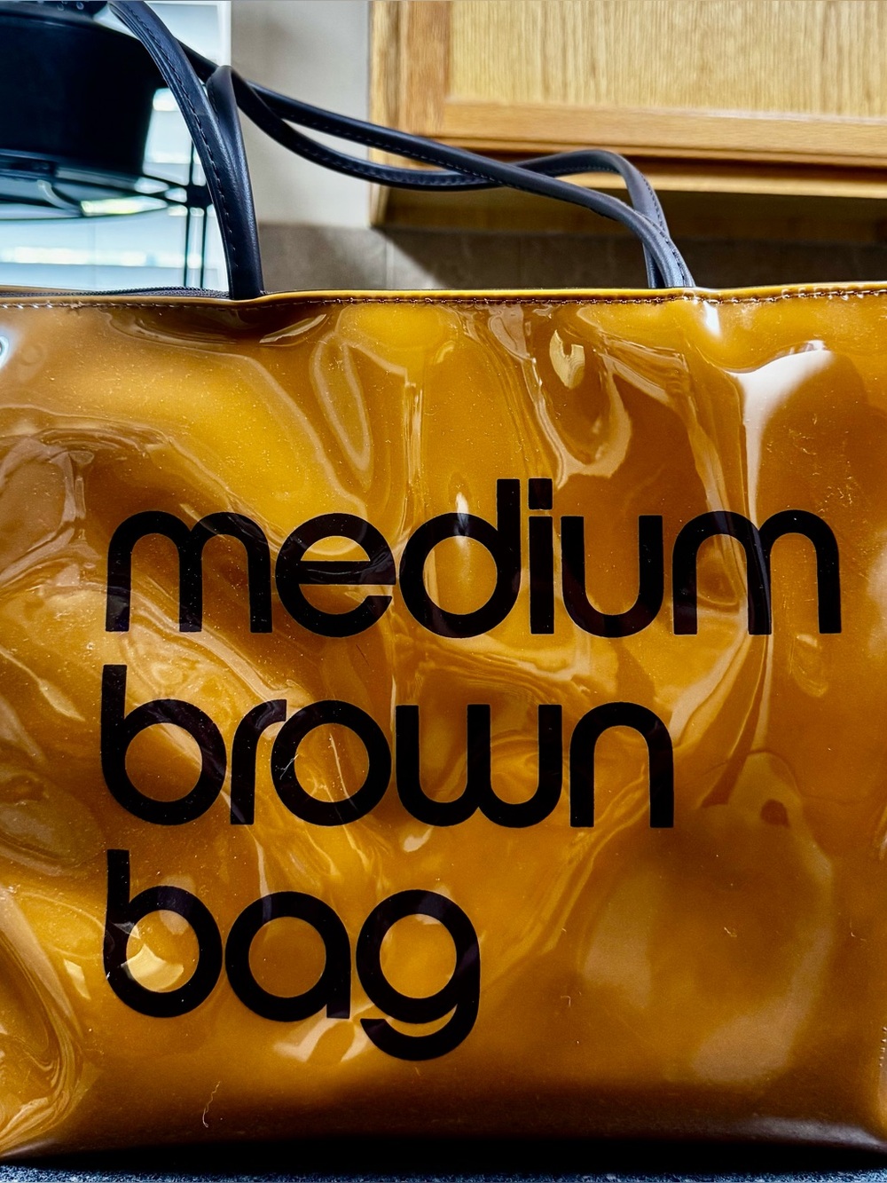 Bloomingdale's Glossy Brown Tote with Black Handles